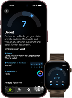 iPhone 18 Pro, Schwarz, Vorderseite, zeigt die Ergebnisse des Tagesformwerts (Wert 7), gekoppelt mit einer Apple Watch, Vorderansicht, Braun, zeigt denselben Tagesformwert von 7