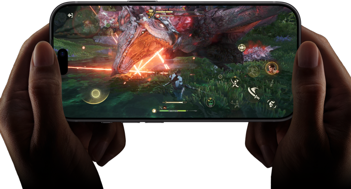 Vorderseite eines iPhone 18 Pro, die die Leistungsfähigkeit des A20 Pro Chip mit einer Szene aus Monster Hunter Outlanders zeigt