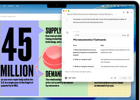 Ein MacBook Air Display zeigt, wie Apple Intelligence Schreibtools Lernkarten zur Mikro- und Makroökonomie erstellen