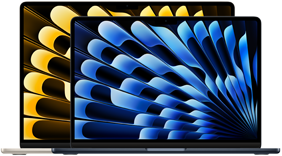 Vorderansicht der 13" und 15" MacBook Air Modelle, die die Displaygrößen (diagonal gemessen) zeigt